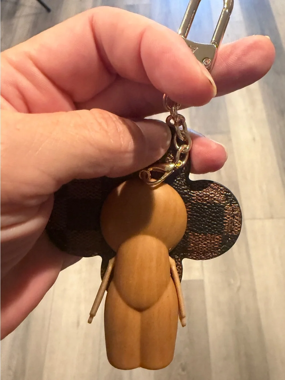 Brown Floral Leatherette Keychain Charm with Gold Hardware